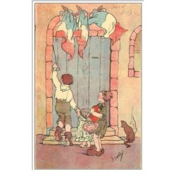 ILLUSTRATEURS.TROIS ENFANTS SONNANT A UNE PORTE
