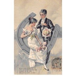 Illustrateurs - n°82540 - Aveux doux et sincères .... - Couple de mariée assis sur un Fer à Cheval - Carte gaufrée