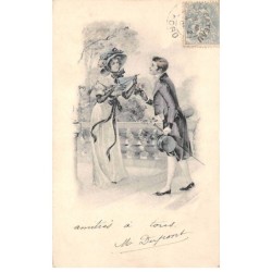 Illustrateurs - n°82534 - Jeune homme offrant un petit bouquet à une jeune femme tenant une ombrelle