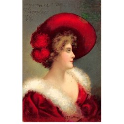 Illustrateurs - n°82536 - G.T. Collins - Jeune femme portant une robe et un chapeau rouge