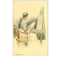 ILLUSTRATEURS.n°18453.OILETTE.GENRE MUCHA.CRAYON.FEMME DESSINANT