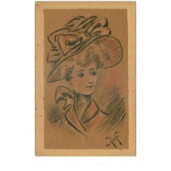 ILLUSTRATEURS.n°18542.RICF.PORTRAIT DE FEMME CHAPOTEE.CARTE PEINTE A LA MAIN