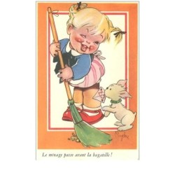 ILLUSTRATEURS.n°14811.PERGINE.LE MENAGE PASSE AVANT LA BAGATELLE.FILLETTE BALAYANT
