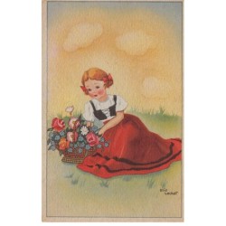 Illustrateurs - n°71774 - Elie Lechat - Fillette assise dans l'herbe près d'un panier rempli de fleurs