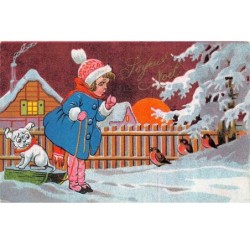 Illustrateurs - n°69223 - Fillette avec un chien parlant à des oiseaux dans la neige - n°126