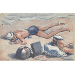 Illustrateur - n°85162 - G. Pavis - Jeunes gens sur une plage - Protégez votre épiderme ... intempéries - Lomi-Lomi