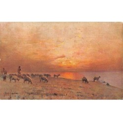 Illustrateurs - n°82474 - Berger et son troupeau de mouton au bord de l'eau à la tombée de la nuit