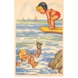 Illustrateur - n°89991 - Une fillette s'apprêtant à plonger, regarde une autre dans l'eau avec un crabe sur un orteil