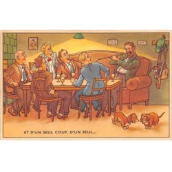 Illustrateur - n°81051 - Et d'un seul coup, d'un seul ... - Chasseurs autour d'une table, et deux teckels - Chasse