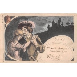Illustrateur - n°81035 - Couple enlacé la nuit, au fond un village