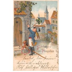 Illustrateur - n°85126 - Fröhliche Pfingsten - Jeune garçon habillé en soldat sonnant à une porte