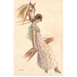 Illustrateur - n°81023 - Bianchi - Cheval câlinant une jeune femme assise sur une barrière - Carte vendue en l'état