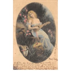 Illustrateur - n°81102 - Jeune femme jouant de la mandoline près d'un héron