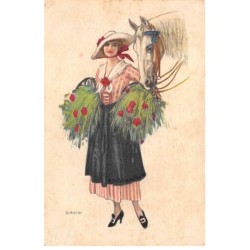 Illustrateur - n°81022 - Bianchi - Jeune femme portant deux paniers remplis d'herbe et de de coquelicots, et un cheval