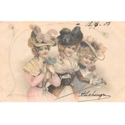 Illustrateur - n°81060 - Trois jeunes femmes avec chacune un petit bouquet