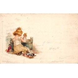 Illustrateur - n°81160 - Fillette lavant ses poupées dans un baquet