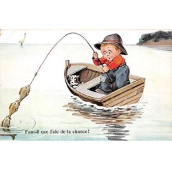 Illustrateur - n°81063 - Faut-il que j'aie de la chance - Garçon, avec un chien dans une barque pêchant
