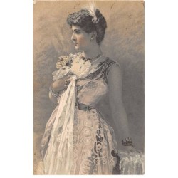 Illustrateur - n°81195 - Jeune femme de profil s'appuyant sur une chaise et tenant un voile