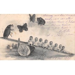 Illustrateur - n°81103 - Bébés faisant de la balancelle avec un insecte, papillons volant au-dessus