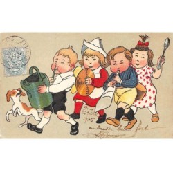 Illustrateur - n°81062 - Enfants faisant de la musique avec des casseroles, arrosoir ...