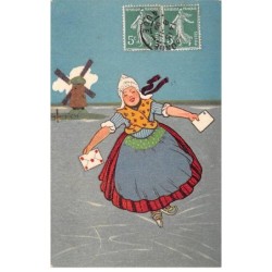 Illustrateur - n°81121 - Jeune fille hollandaise sur des patins à glace avec des lettres, au fond un moulin à vent