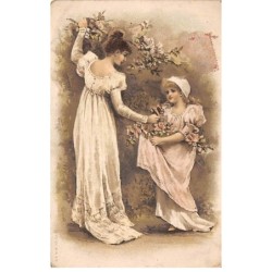 Illustrateur - n°81158 - Une femme et une fillette cueillant des roses
