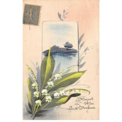 Illustrateur - n°81163 - Bouquet de Muguet devant une étendue d'eau - Carte peinte à la main