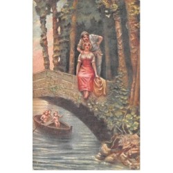 Illustrateur - n°81137 - Le Pont des Amours - Couple sur un pont, des anges dans une barque passant au-dessous