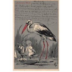 Illustrateur - n°81101 - Cigogne près de bébés - Carte gaufrée, carte pliée vendue en l'état