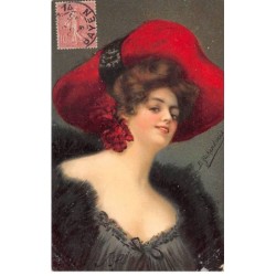 Illustrateur - n°81155 - Jeune femme portant un grand chapeau rouge