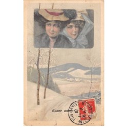 Illustrateurs - n°83772 - Bonne Année - Jeunes femmes dans un cadre, au-dessus d'un paysage enneigé
