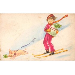 Illustrateurs - n°83774 - Enfant sur des skis, suivant un cochon