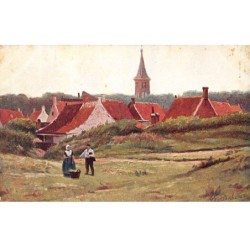 Illustrateur - n°81210 - Couple dans un champ, au fond un village