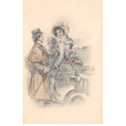 Illustrateur - n°81212 - Homme offrant des fleurs à une jeune femme assise dans une voiture