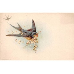 Illustrateur - n°89965 - Hirondelle avec une branche fleurie dans le bec