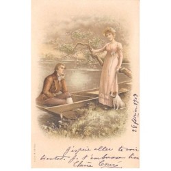 Illustrateur - n°81213 - Un homme dans une barque regardant une jeune femme et un chien sur le bord de l'eau