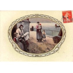 Illustrateur - n°89734 - Une famille au bord de l'eau, un vieil homme fumant la pipe lisant - Carte gaufrée