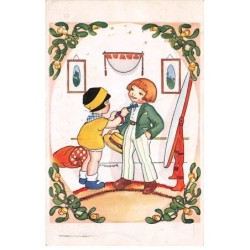 Illustrateur - n°81171 - Vanesek - Fillette nouant une cravate à une jeune garçon - Dodille, chemisier