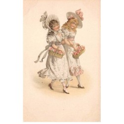 Illustrateur - n°81214 - Deux jeune filles bras-dessus bras-dessous, portant des paniers remplis de fleurs