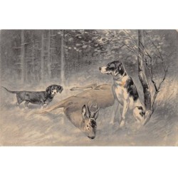 Illustrateur - n°90009 - Chiens autour d'un chevreuil mort - Chasse