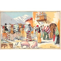 Illustrateur - n°89901 - Hommes portant des sacs chargés sur des ânes
