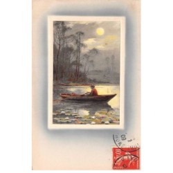 Illustrateur - n°81255 - Homme dans une barque au clair de lune