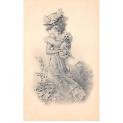 Illustrateur - n°81211 - Jeune femme portant un chien dans ses bras