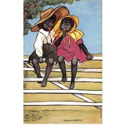 Illustrateur - n°81254 - Sweet Hearts - Couple d'enfants noirs assis sur une barrière - 9049 série 1