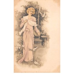 Illustrateur - n°81216 - Jeune femme entourée de colombes
