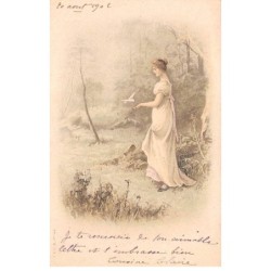 Illustrateur - n°81215 - Jeune femme avec une colombe venant se poser sur sa main