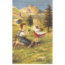 Illustrateur - n°81174 - Vite encore un coup d'oeil avant de casser la croûte - Enfants marchant dans la montagne