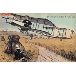 Aviation - n°90741 - Un qui est en l'air et l'autre aussi - Homme pilotant un avion ... - Carte avec montage