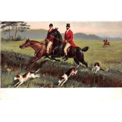 Sports - n°85604 - Chasse - Meute et cavaliers sautant une haie - Chasse à courre