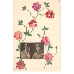 Timbres (représentation) - n°64429 - Belgique - Un couple, l'homme en tenue militaire, et des roses